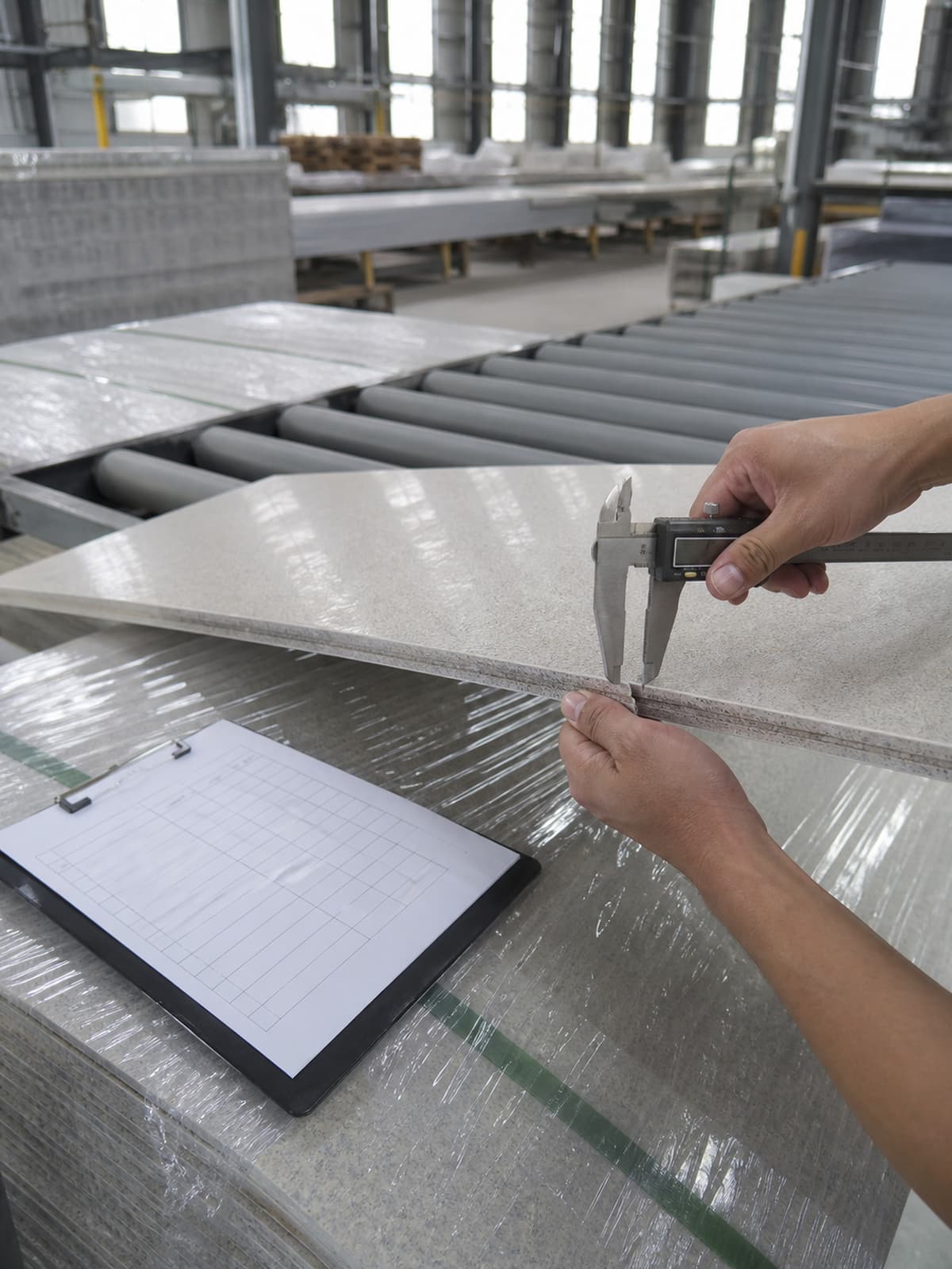 Kiểm tra kích thước tấm ốp bằng thước cặp tại nhà máy, kèm biên bản QC